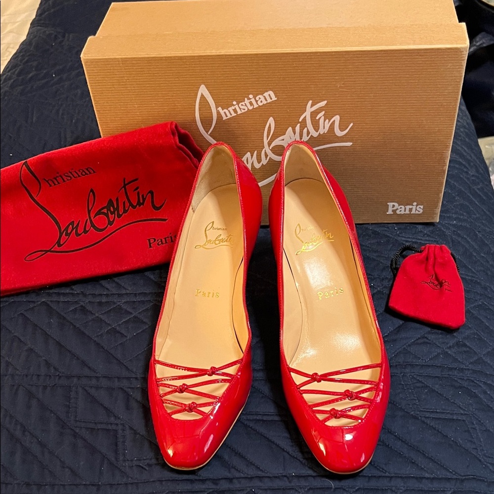 CHRISTIAN LOUBOUTIN RED PATENT LEATHER LATTICE-DESIGN HIGH HEELED SHOES